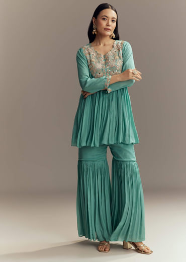 Turquoise Blue Chinon Indo Western Top And Sharara Set With Zardosi Work