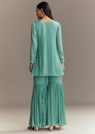 Turquoise Blue Chinon Indo Western Top And Sharara Set With Zardosi Work