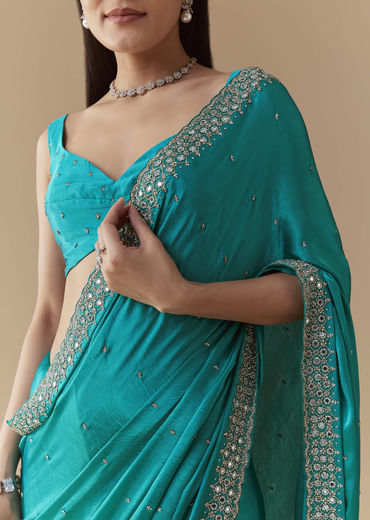 Turquoise Blue Embellished Saree with Unstitched Blouse