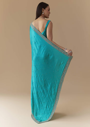Turquoise Blue Embellished Saree with Unstitched Blouse