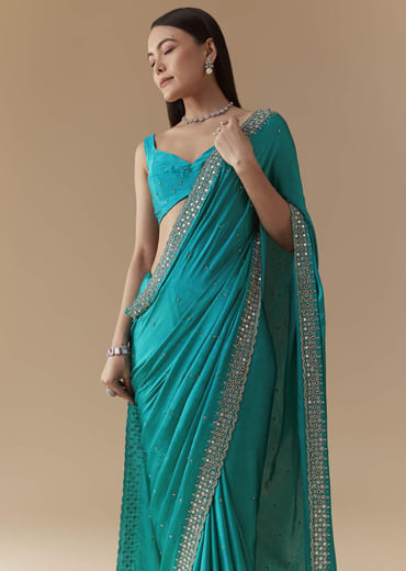 Turquoise Blue Embellished Saree with Unstitched Blouse