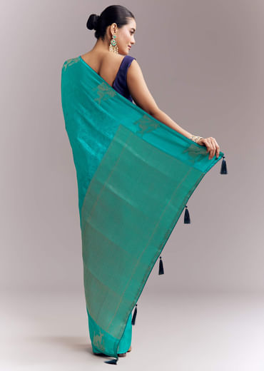 Turquoise Blue Jacquard Silk Saree With Brocade Work And Embroidery