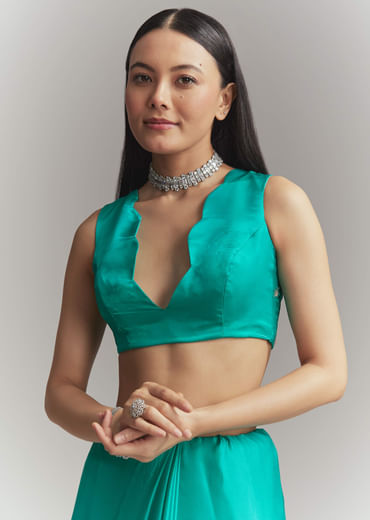 Turquoise Blue Satin Embroidered Saree With Heavy Hand Embroidery