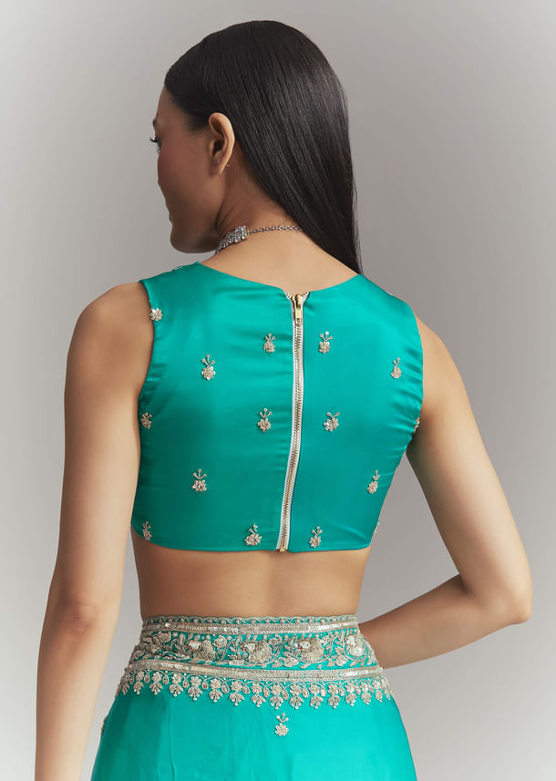 Turquoise Blue Satin Embroidered Saree With Heavy Hand Embroidery