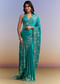 Turquoise Blue Satin Saree With Heavy Embroidered Details