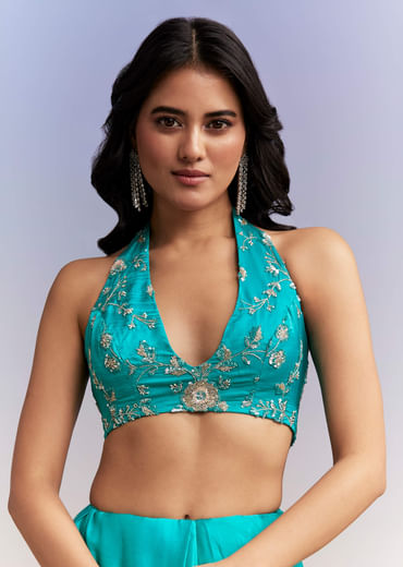 Turquoise Blue Satin Saree With Heavy Embroidered Details
