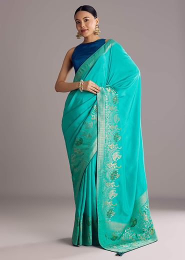 Turquoise Blue Woven Saree
