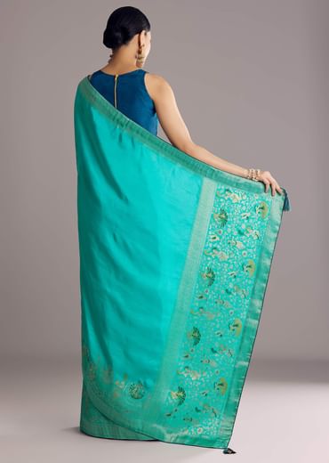 Turquoise Blue Woven Saree