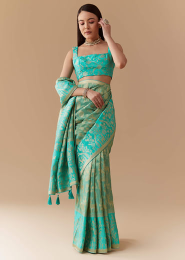 Turquoise Blue Zari Weave Silk Saree with Unstitched Blouse