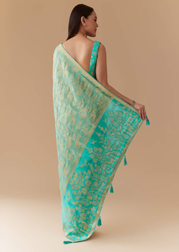 Turquoise Blue Zari Weave Silk Saree with Unstitched Blouse