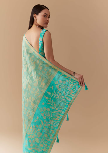 Turquoise Blue Zari Weave Silk Saree with Unstitched Blouse