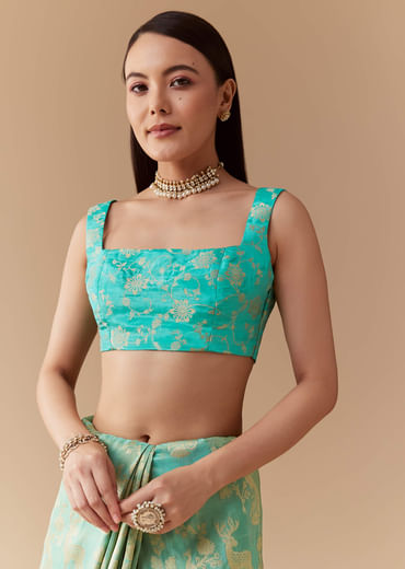 Turquoise Blue Zari Weave Silk Saree with Unstitched Blouse