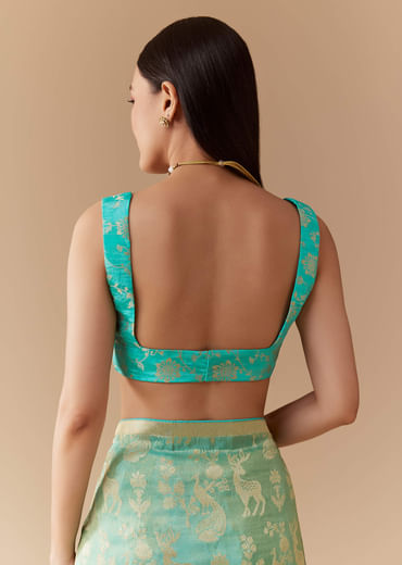 Turquoise Blue Zari Weave Silk Saree with Unstitched Blouse