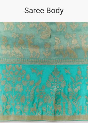 Turquoise Blue Zari Weave Silk Saree with Unstitched Blouse