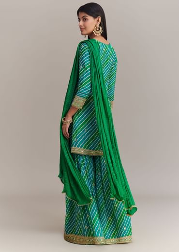 Turquoise Green Chinon Leheriya Embroidered Sharara Set