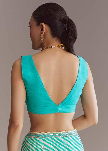 Turquoise Blue Chinon Saree With Leheriya And Gota Work