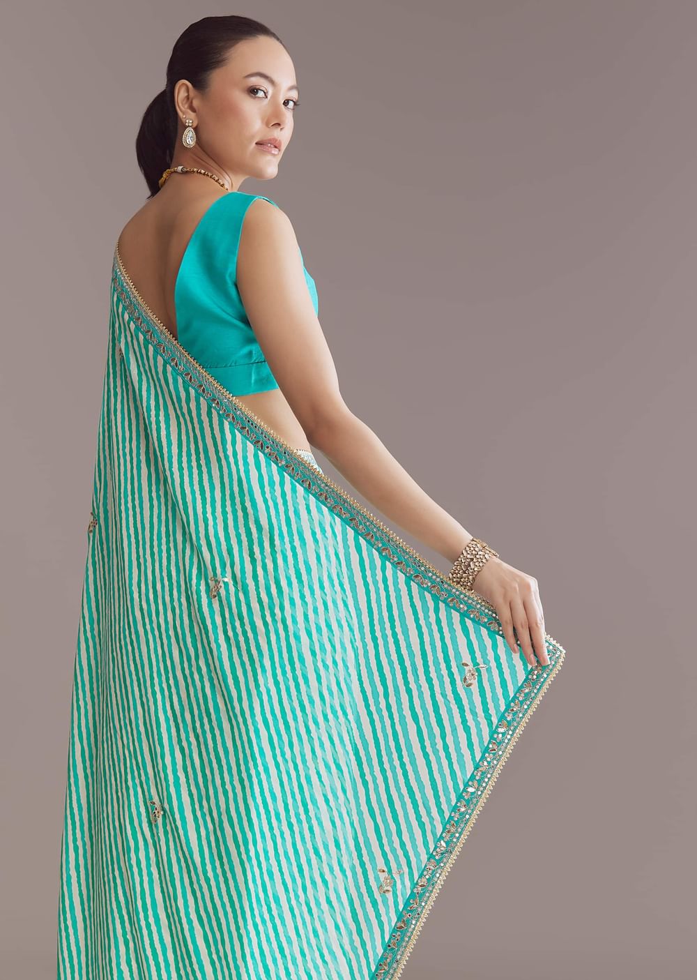 Turquoise Blue Chinon Saree With Leheriya And Gota Work