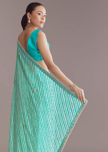 Turquoise Blue Chinon Saree With Leheriya And Gota Work