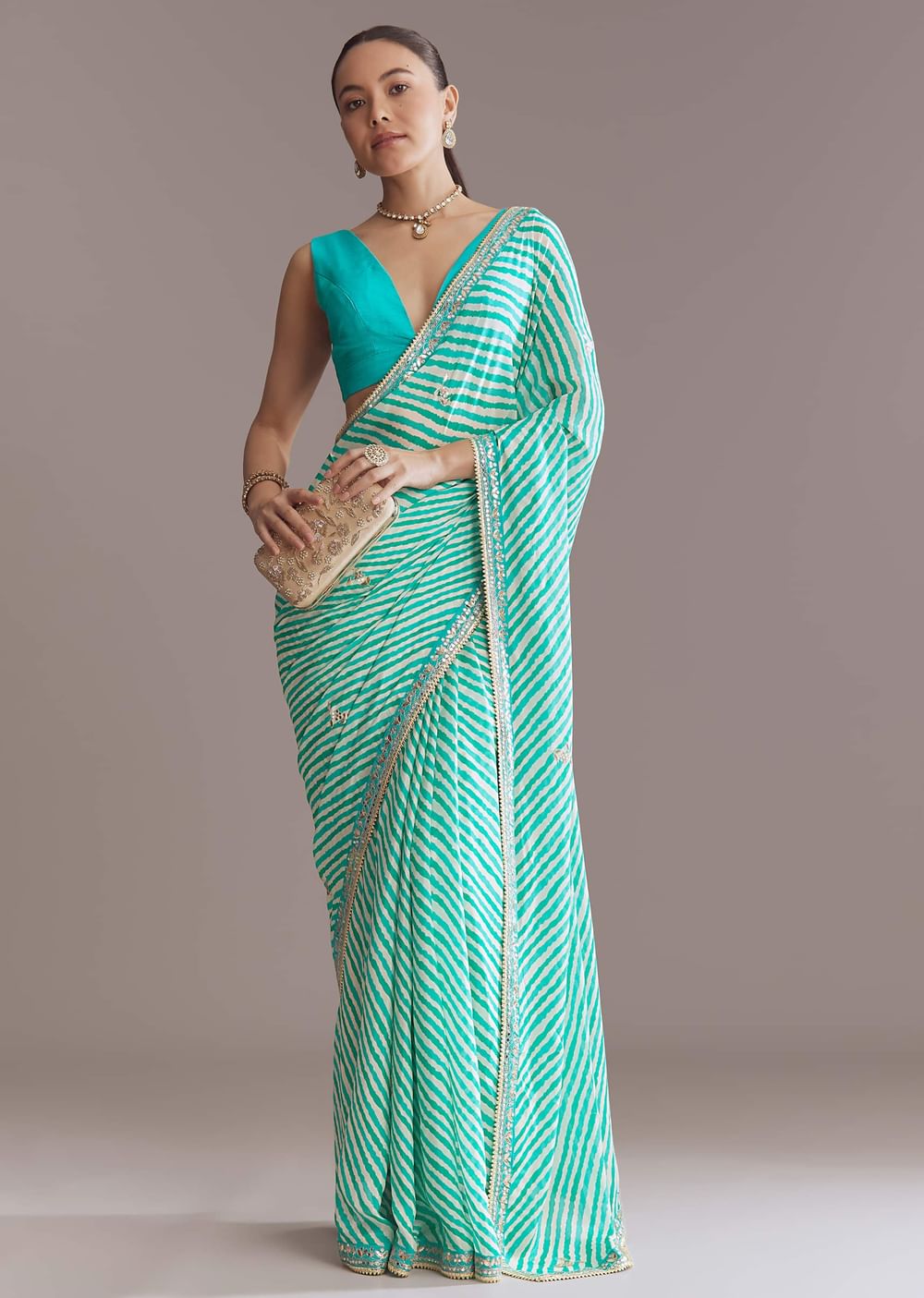 Turquoise Blue Chinon Saree With Leheriya And Gota Work