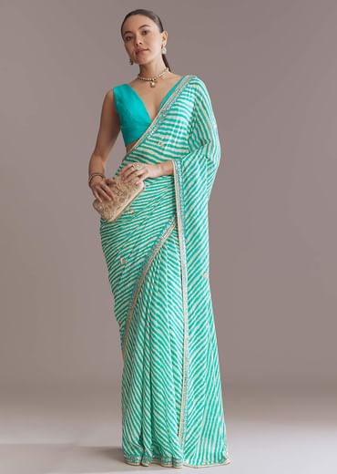 Turquoise Blue Chinon Saree With Leheriya And Gota Work