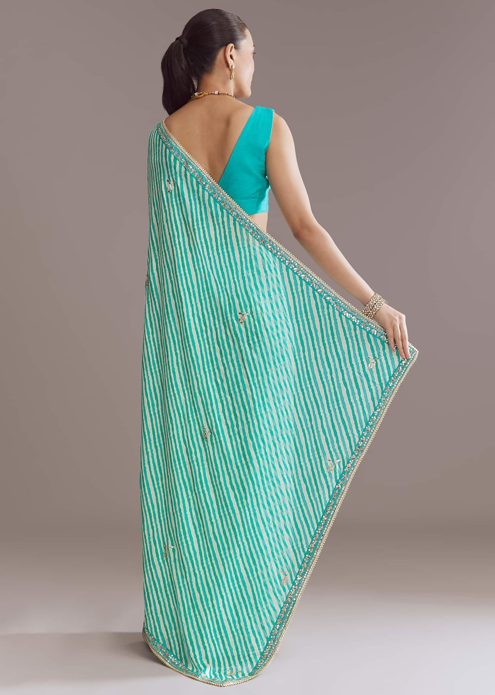 Turquoise Blue Chinon Saree With Leheriya And Gota Work
