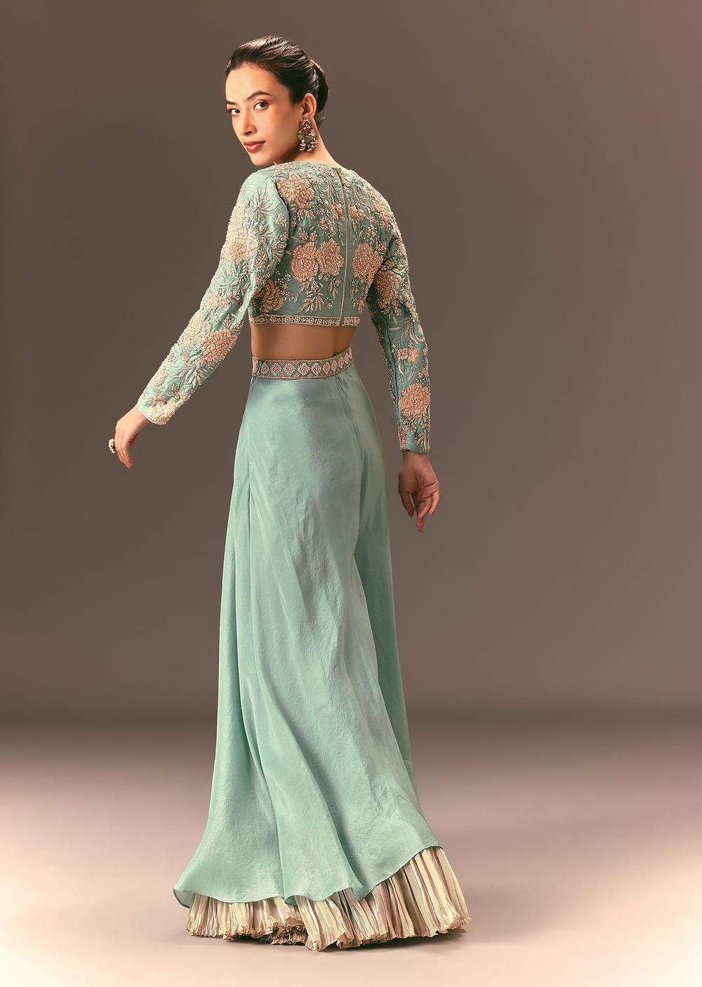 Turquoise Blue Raw Silk Hand Work Palazzo Suit