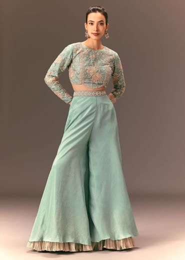 Turquoise Blue Raw Silk Hand Work Palazzo Suit
