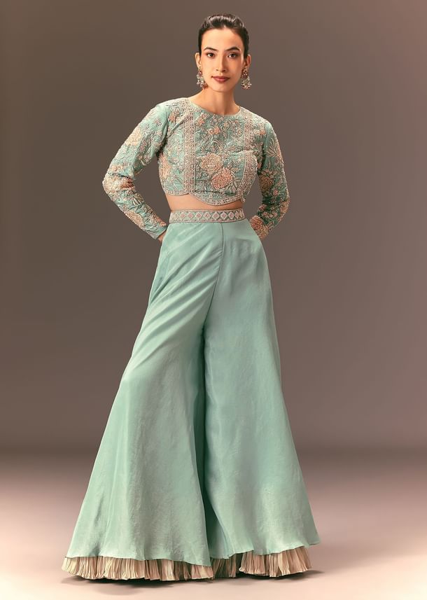 Turquoise Blue Raw Silk Hand Work Palazzo Suit