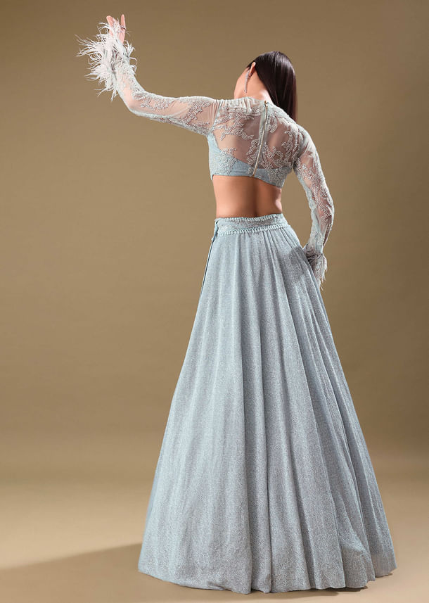 Turquoise Blue Sequin Skirt With Embroidered Blouse Turquoise Blue Sequin Skirt With Embroidered Blouse