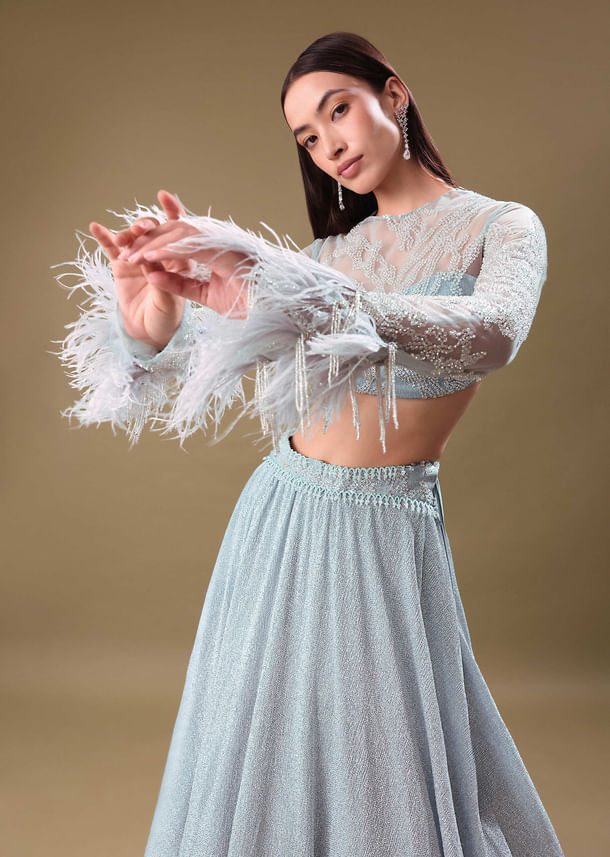 Turquoise Blue Sequin Skirt With Embroidered Blouse Turquoise Blue Sequin Skirt With Embroidered Blouse