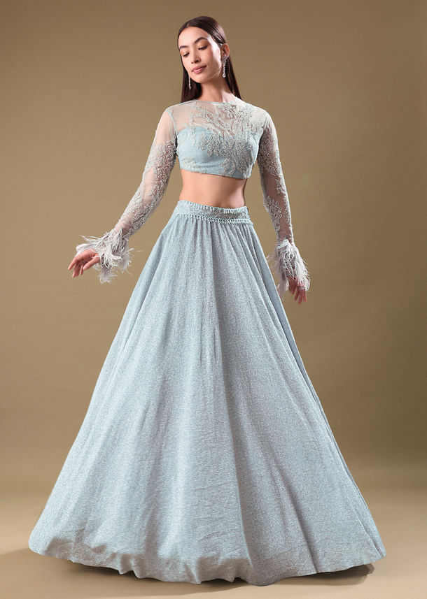 Turquoise Blue Sequin Skirt With Embroidered Blouse Turquoise Blue Sequin Skirt With Embroidered Blouse