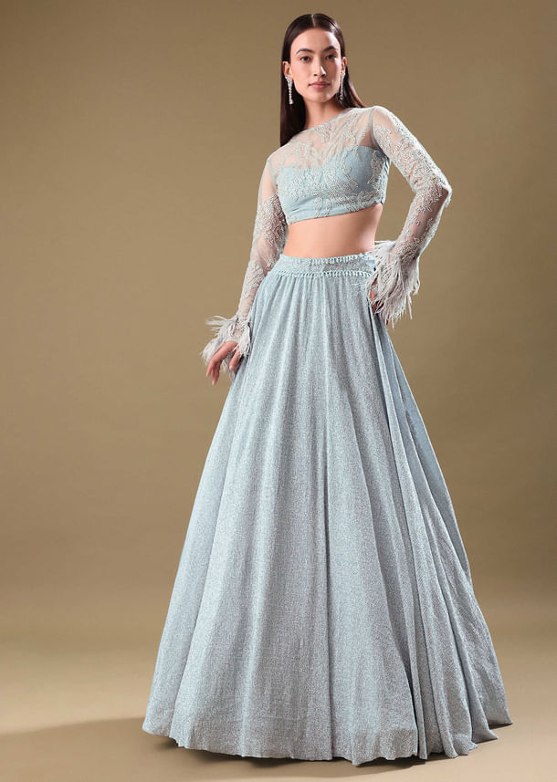 Turquoise Blue Sequin Skirt With Embroidered Blouse Turquoise Blue Sequin Skirt With Embroidered Blouse