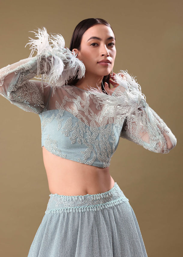 Turquoise Blue Sequin Skirt With Embroidered Blouse Turquoise Blue Sequin Skirt With Embroidered Blouse