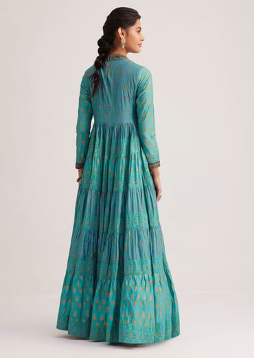 Turquoise Chanderi Kurta With Indie Print