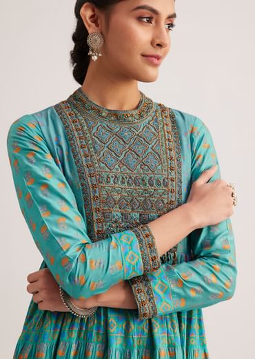 Turquoise Chanderi Kurta With Indie Print