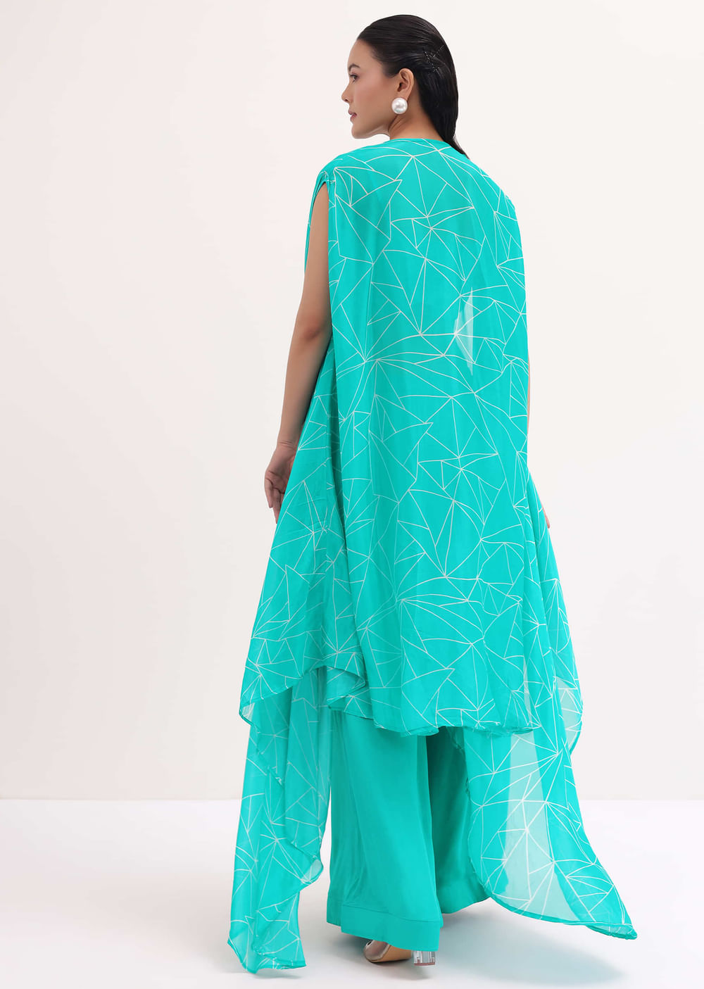 Turquoise Embroidered Croptop And Palazzo With Jacket