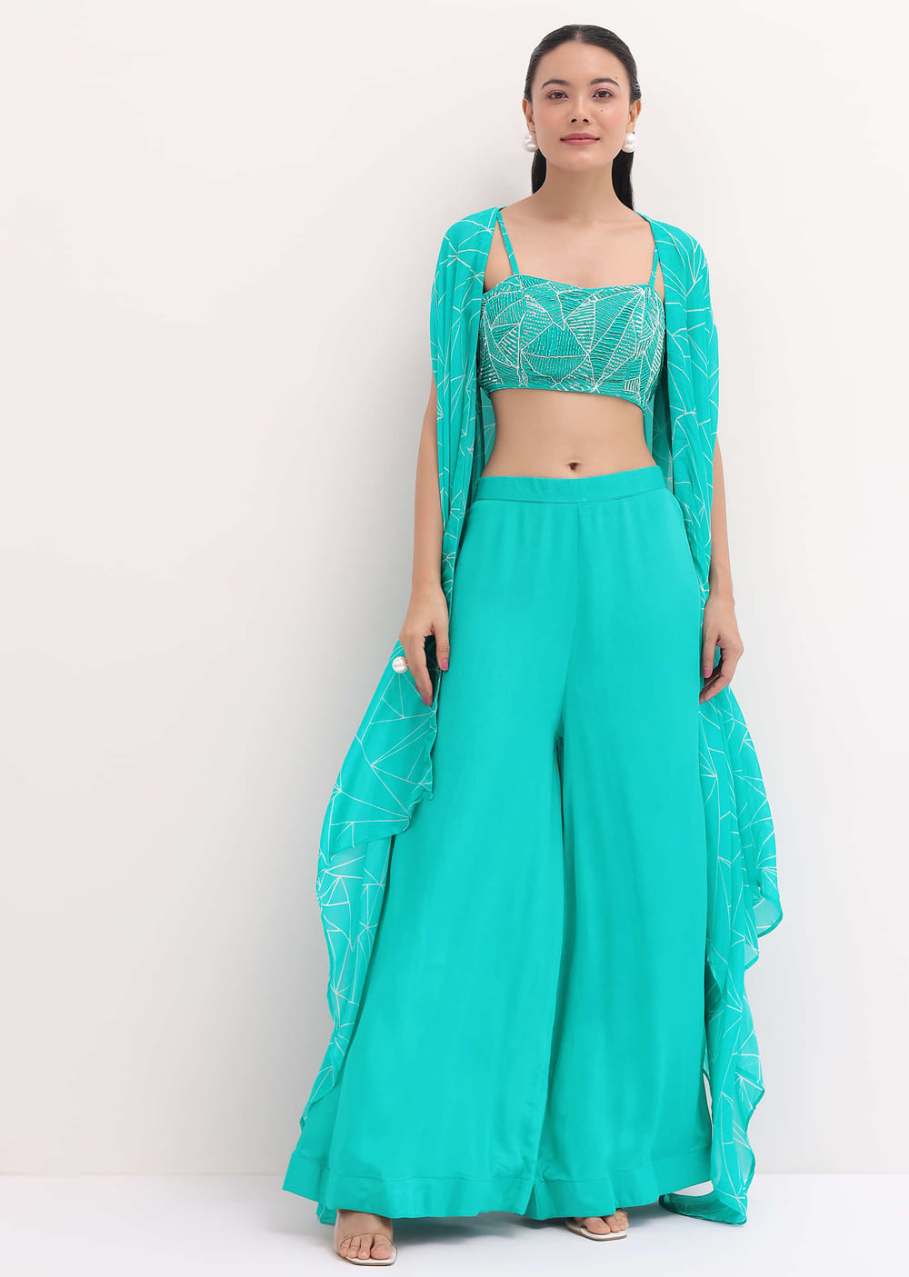 Turquoise Embroidered Croptop And Palazzo With Jacket