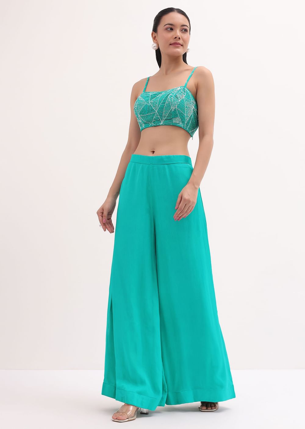 Turquoise Embroidered Croptop And Palazzo With Jacket