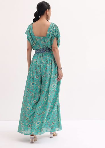 Turquoise Embroidered Jumpsuit