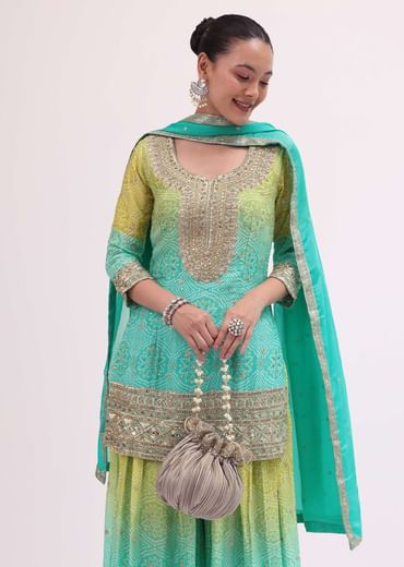 Turquoise Georgette Silk Kurta Palazzo Set