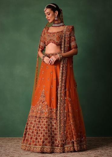 Tussar Orange Embroidered Lehenga With Scoop Neckline Blouse And Dupatta