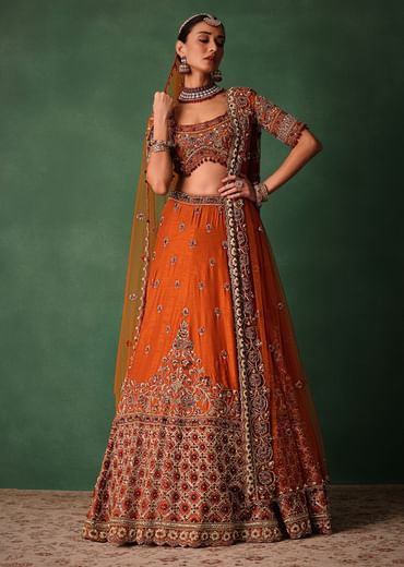 Tussar Orange Embroidered Lehenga With Scoop Neckline Blouse And Dupatta