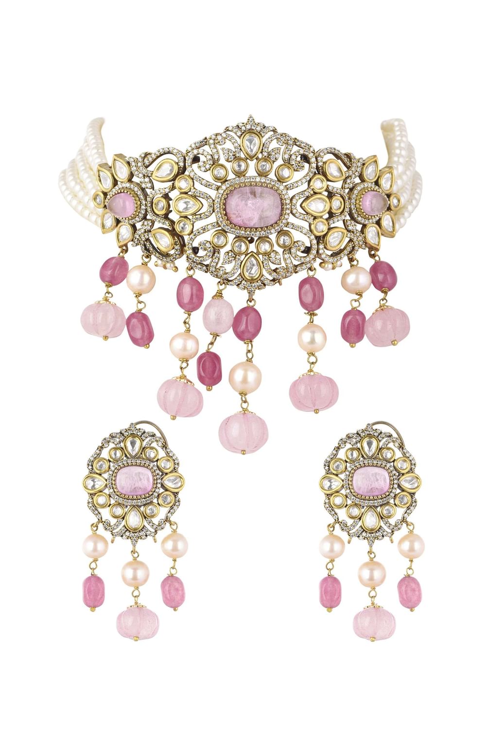 Two Tone Finish Kundan Choker Set In Mix Metal