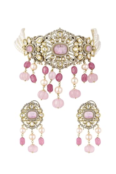 Two Tone Finish Kundan Choker Set In Mix Metal