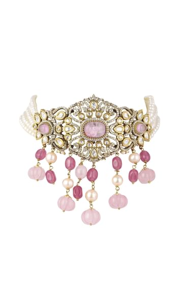 Two Tone Finish Kundan Choker Set In Mix Metal