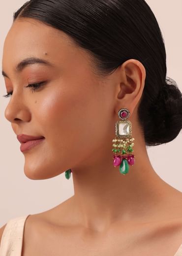 Two Tone Finish Kundan Necklace Set With Meenakari And Green Stone Drops