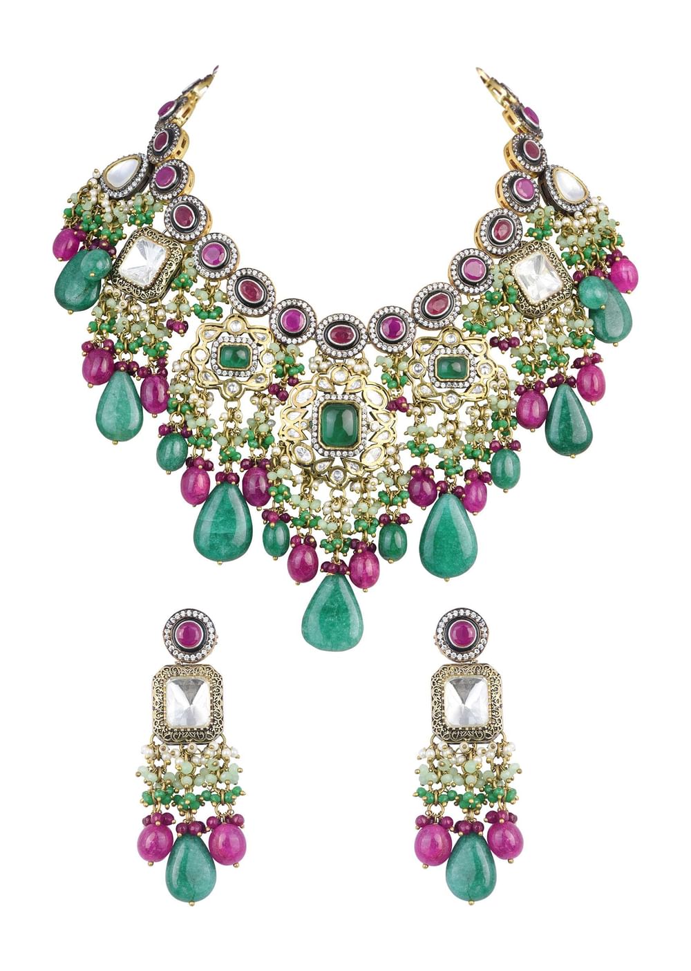 Two Tone Finish Kundan Necklace Set With Meenakari And Green Stone Drops