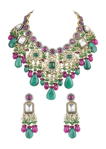 Two Tone Finish Kundan Necklace Set With Meenakari And Green Stone Drops