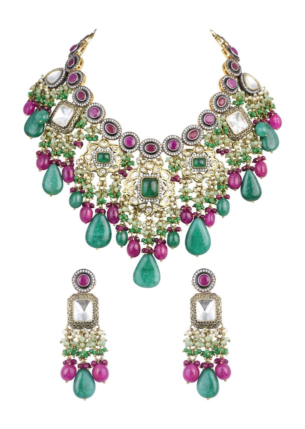 Two Tone Finish Kundan Necklace Set With Meenakari And Green Stone Drops Two Tone Finish Kundan Necklace Set With Meenakari And Green Stone Drops
