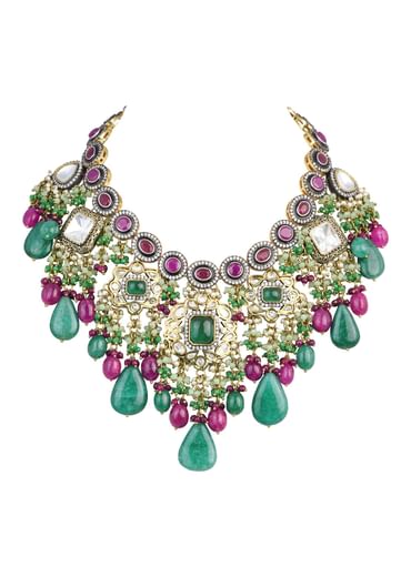 Two Tone Finish Kundan Necklace Set With Meenakari And Green Stone Drops